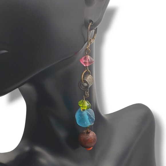 Brass Tone Dangle Drop Long Earrings Mixed Bead Leverback Boho - Picture 5 of 6